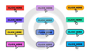 Set of colored click here buttons vector on white background.