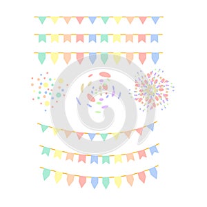 Set of colorful pastel flags  garland  and confetti pattern on white background.