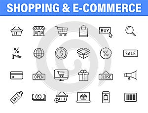 Set of 24 E-commerce and shopping web icons in line style. Mobile Shop, Digital marketing, Bank Card, Gifts. Vector illustration