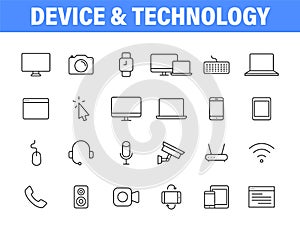 Set of 24 Electronics and Devices web icons in line style. Device, phone, laptop, communication, smartphone, ecommerce. Vector