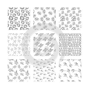 Set of hand drawn seamless textures. black and white