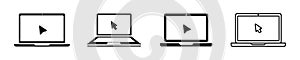Set of laptop with computer mouse vector icons. Monitor with pointer or cursor. Notebook and arrow.