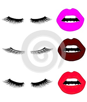Web Set of lips with eyelashes. Vector. Illustration with collage of woman`s eyebrows, eyelashes, sexy lips and luxury lipstick .