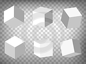 Set of perspective projections 3d cubes model icons on transparent background.  3d cubes.  Abstract concept of graphic elements fo