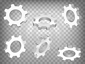 Set of perspective projections 3d gears model icons on transparent background.  3d gear.  Abstract concept of graphic elements for