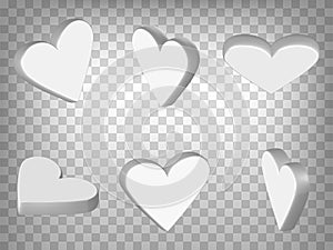 Set of perspective projections 3d hearts model icons on transparent background.  3d heart.  Abstract concept of graphic elements f