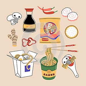 Set of ramen noodles soup. Different packing, souses, chopsticks. Traditional popular asian hot food
