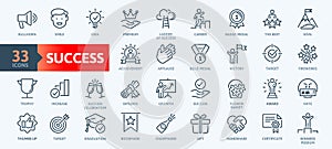 Web Set of Success, Goals and Target Related Vector Thin Line Icons. Contains such Icons as Achievment, Handshake, Victory and mor photo