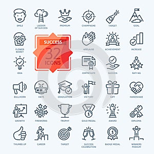 Web Set of Success, Goals and Target Related Vector Thin Line Icons. Contains such Icons as Achievment, Handshake, Victory and mor