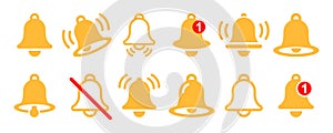 Set of yellow notification bells vector icon. Ringing bell on white background.