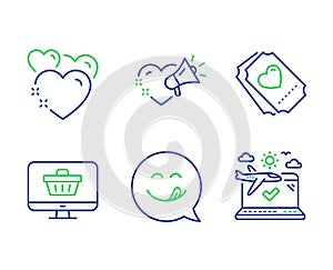 Web shop, Love ticket and Love message icons set. Yummy smile, Heart and Airplane travel signs. Vector