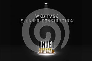 Web site banner is coming soon with floodlight on dark scene. Under construction text in spotlights