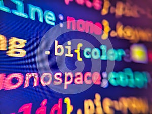 Web site codes on computer monitor. Software developer screen background- source code script. Source abstract. Lines of