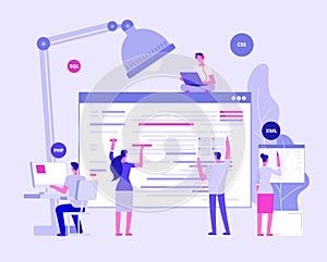 Web site development. Designers and programers create corporate site. Website coding vector concept