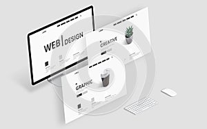 Web site flying layouts concept. Web design creative graphic studio desk