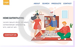 Web site with home guitar playing. Girl with headphones listens to music. Friends playing board game