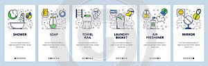 Web site onboarding screens. Bathroom accessories, shower, soap dispenser and deodorant. Menu vector banner template for