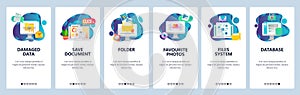 Web site onboarding screens. Computer files and data system. Menu vector banner template for website and mobile app