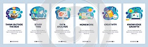 Web site onboarding screens. Education, knowledge, studying and creativity. Menu vector banner template for website and