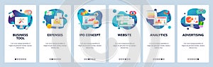 Web site onboarding screens. Financial report, business tools, analytics. Menu vector banner template for website and
