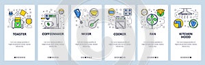 Web site onboarding screens. Kitchen and cooking appliance. Menu vector banner template for website and mobile app