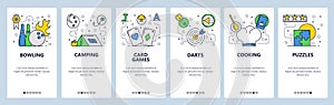 Web site onboarding screens. Leisure time, hobby and sport games icons. Menu vector banner template for website and