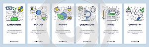 Web site onboarding screens. Science experiment in lab. Chemisty, biology. Menu vector banner template for website and