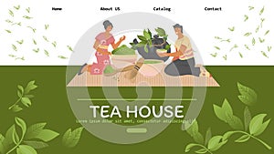 Web site template for teahouse cafe with people drinking tea vector illustration