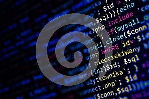 Web software development background. Real programmer monitor and screen. Technology php coding background. Blue php