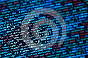 Web software development background. Real programmer monitor and screen. Technology php coding background. Blue php