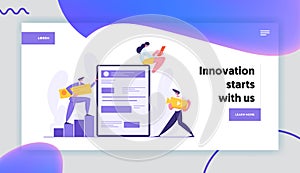 Web Software Development Concept. Developer Characters Build Website with Social Media Content