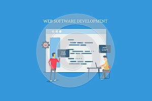 Web software development, website coding, programming, application, interface development, web technology team. Flat design banner