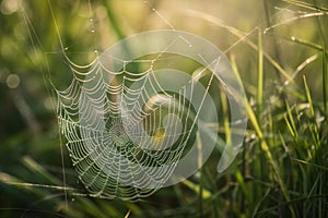 The web of the spider is placed on the trees in the rays of sunset. AI Generated