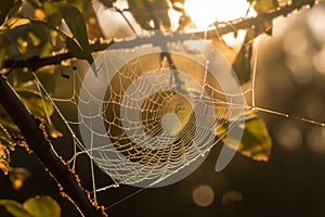 The web of the spider is placed on the trees in the rays of sunset. AI Generated