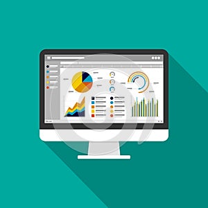 Web statistics analytic charts on Computer screen icon. Flat vector infographic trend graphs information report concept for