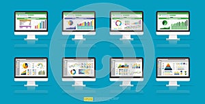 Web statistics analytic charts on Computer screen icon set. Flat vector infographic and spreadsheet trend graphs report concept