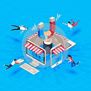 Web store customer attraction. Attract buyers, isometric retain loyal clients and social media business marketing vector photo