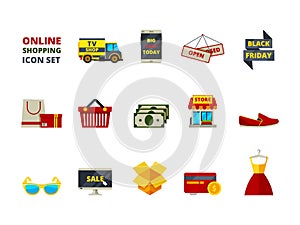 Web store icon. Online shop payment e commerce retail fashion products big sales smartphone cards and money vector flat