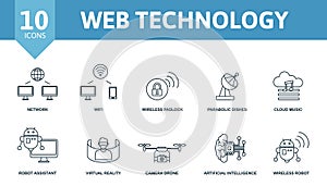 Web Technology icon set. Contains editable icons internet technology theme such as network, wireless padlock, cloud