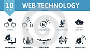 Web Technology icon set. Contains editable icons internet technology theme such as network, wireless padlock, cloud