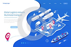 Web template banner Global logistics network Flat isometric illustration of air cargo trucking rail transportation