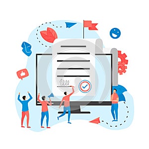 Web template. Online electronic smart contract document, paper document, signature on computer screen. vector illustration.