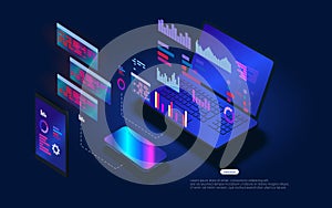 Web template for programming and software developmen. Floating holographic program code on a laptop screen. The software coding