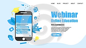 Web Template. Webinar, internet conference, web based seminar, online education, e-learning flat design concept