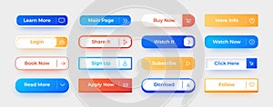 Web UI button. Call action interface elements. Watch now and follow rectangular icons with text. Click here and
