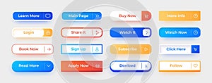 Web UI button. Call action interface elements. Watch now and follow rectangular icons with text. Click here and subscribe. Login