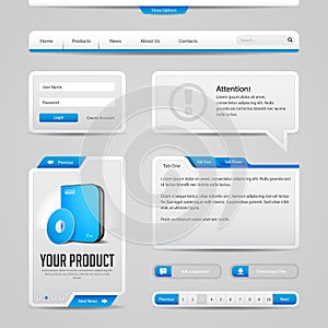 Web UI Controls Elements Gray And Blue On Dark Background: Navigation Bar, Buttons, Login Form, Slider, Message Box, Menu, Tabs
