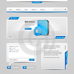 Web UI Controls Elements Gray And Blue On Gray Background : Navigation Bar, Buttons, Slider, Message Box, Pagination