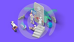 Web UI UX app Design Teamwork concept 3D illustration. Team People Building Creating Application User interface Isometric view