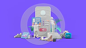Web UI UX app Design Teamwork concept 3D illustration. Team People Building Creating Application User interface Front view
